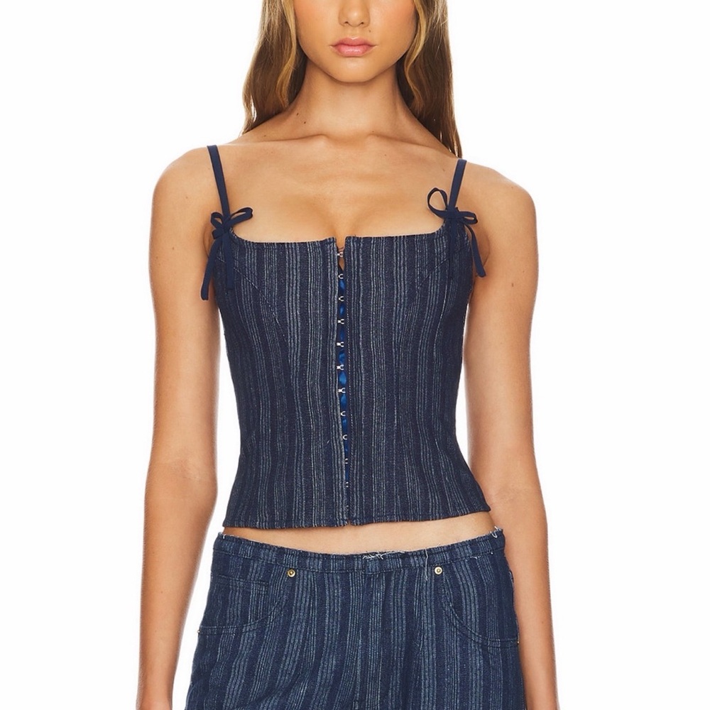 Lioness Charismatic Denim Corset in Dark Pinstripe